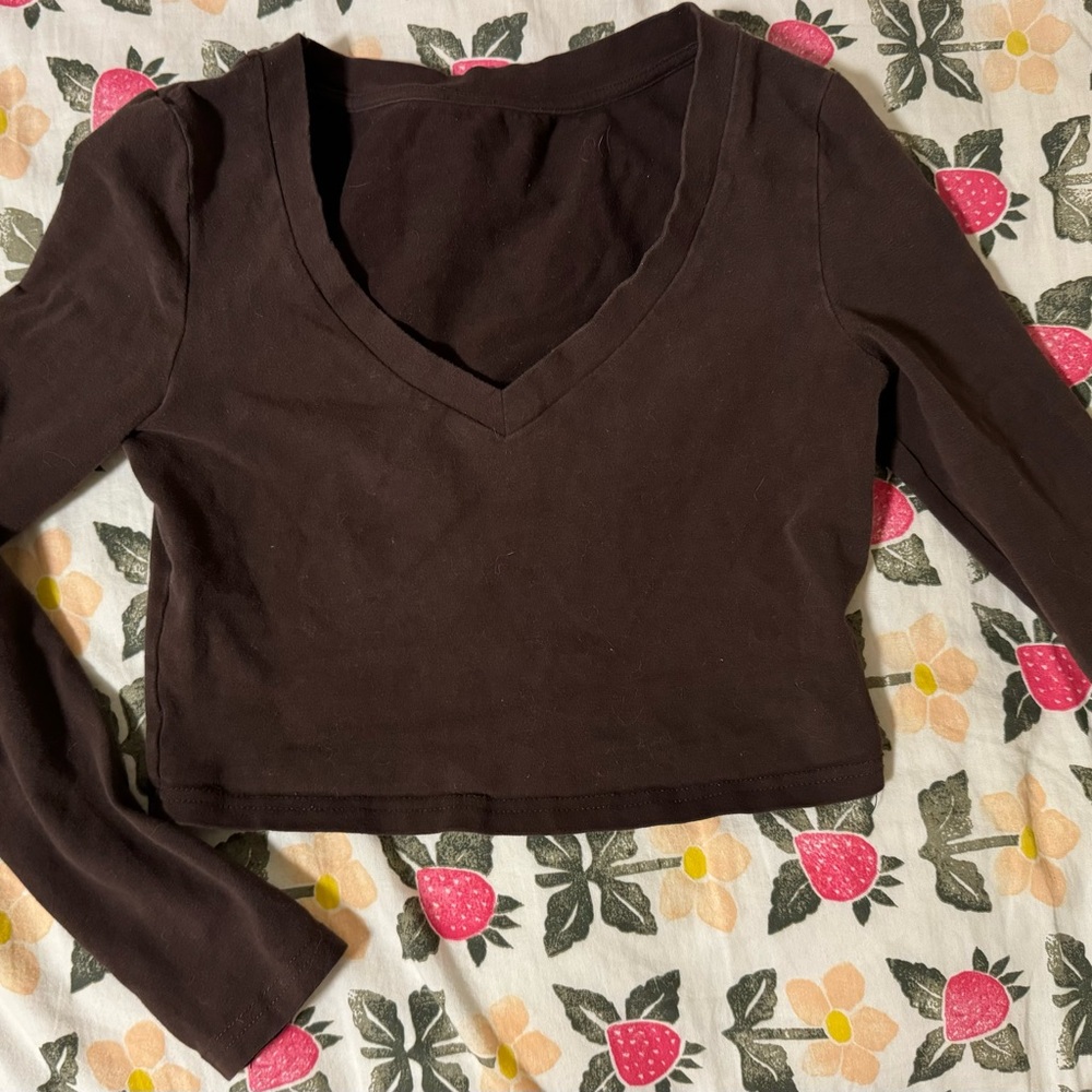 Dark Brown V-Neck Long Sleeve Crop Top